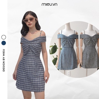 Đầm tweed bẹt vai (Xanh / Trắng đen) - FD14