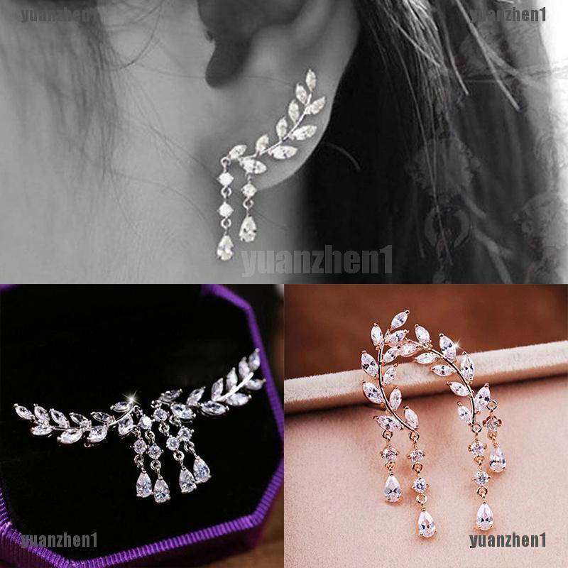 Hoa Tai Dáng Dài Hình Lá Đính Đá Zircon