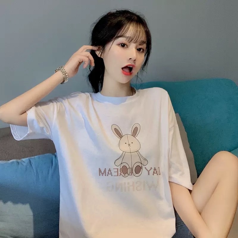 MS6612 Áo thun nữ in hình thỏ form rộng, áo thun cotton hè mát