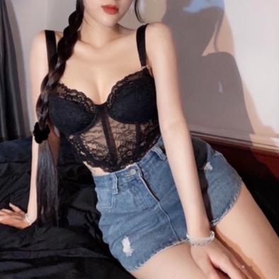 Áo Corset Ren Đen Áo Bra Ren Có Gọng Có Mút Nâng Nhẹ Vai Lụa La Perbra - B17