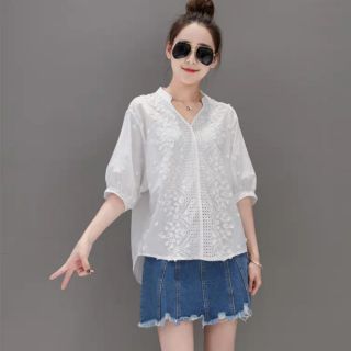 Áo sơ mi thêu ren cổ trụ