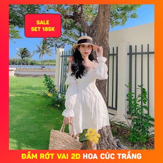 [ẢNH THẬT TRẢI SÀN] ĐẦM RỚT VAI 2 DÂY HOA CÚC TRẮNG - VÁY TRỄ VAI 2 DÂY HOA CÚC