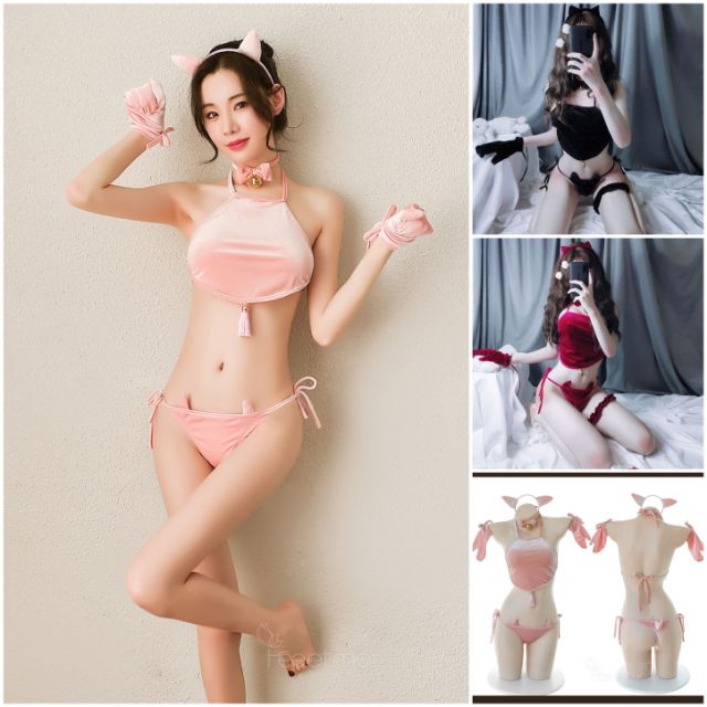 Đồ ngủ cosplay bé heo vải nhung xinh xắn và sexy 3 màu hồng, đỏ, đen