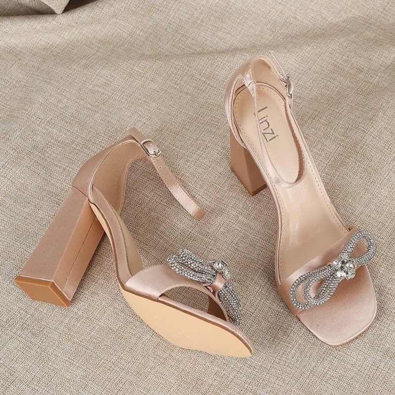 Sandal cao gót satin đính nơ . xuất uk