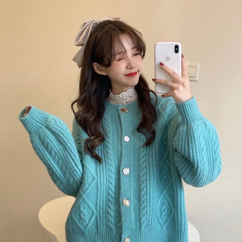 Áo Khoác Cardigan Dệt Kim Màu Xanh Dương Phong Cách Hàn Quốc Thanh Lịch Thời Trang Xuân Thu Cho Nữ