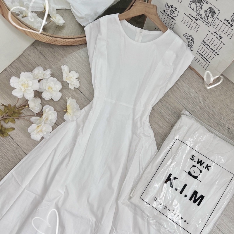 Đầm midi li eo tay hến dáng xoè trắng đen [kèm hình thật]