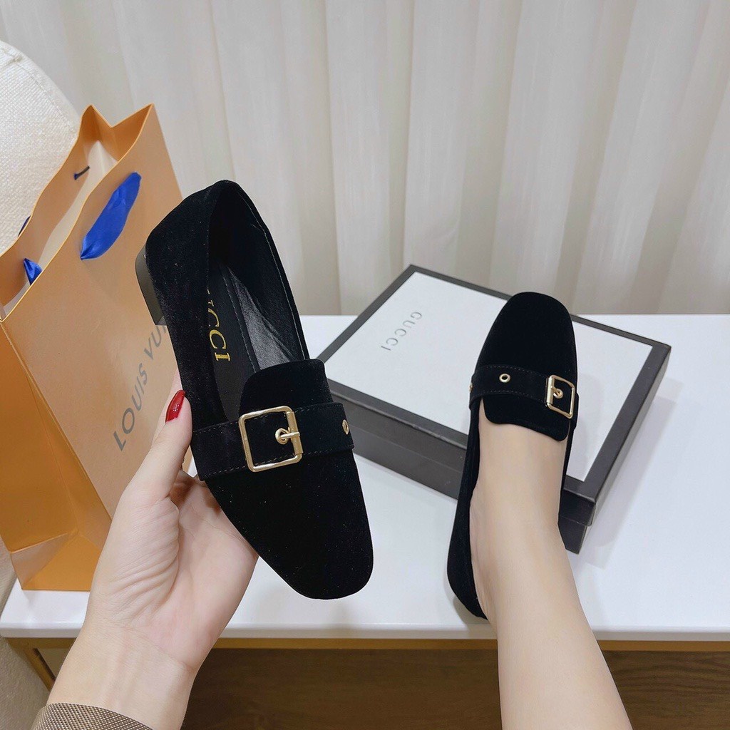 Giày nữ - giày búp bê nữ đế bệt nhung mix khóa vuông sang chảnh