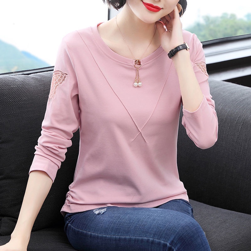 Áo Thun Cotton Tay Dài Phối Ren Thời Trang Xuân Thu 2020 Mới Mẻ Dành Cho Phụ Nữ Trung Niên 40 Tuổi