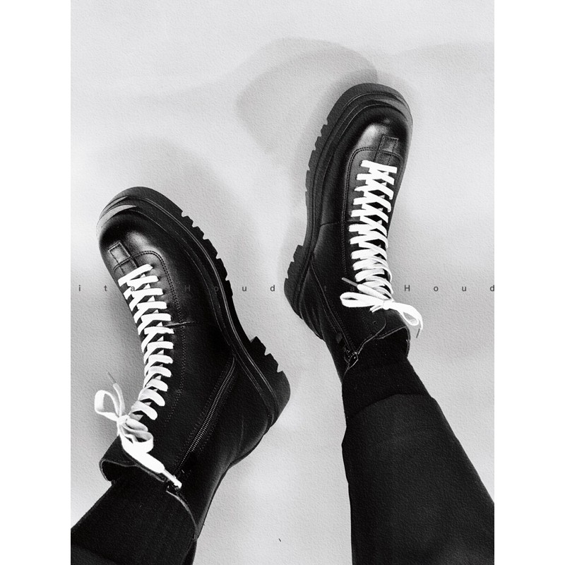 Boot cao cổ cổ lửng mũi vuông buộc dây đế cao quân đội hàn quốc - HOUDITA C-B01