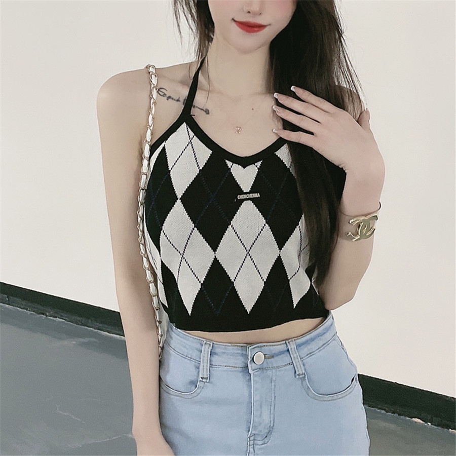 Áo yếm croptop dệt kim caro nữ - Áo ba lỗ len kiểu buộc dây cô tim dáng ngắn hàng đẹp thiết kế Quảng Châu cao cấp