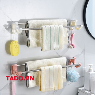Kệ inox vắt khăn mặt phòng nhà tắm 2 thanh gắn treo dính tường có móc treo đồ GD799
