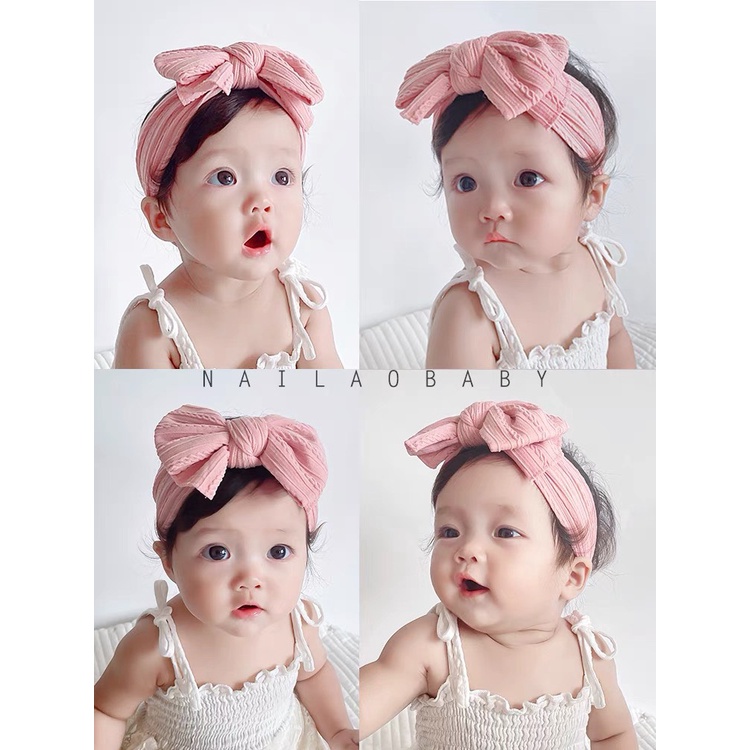 Turban/Băng đô vải gân trơn 2 lớp siêu êm đính nơ bản lớn nhiều màu pastel xinh xắn cho bé không gây đau tóc