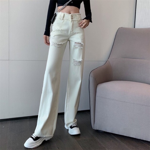 [Sẵn M] Quần jeans rách ống rộng màu trắng kem lưng cao Ulzzang / Quần jeans trắng ống suông rộng