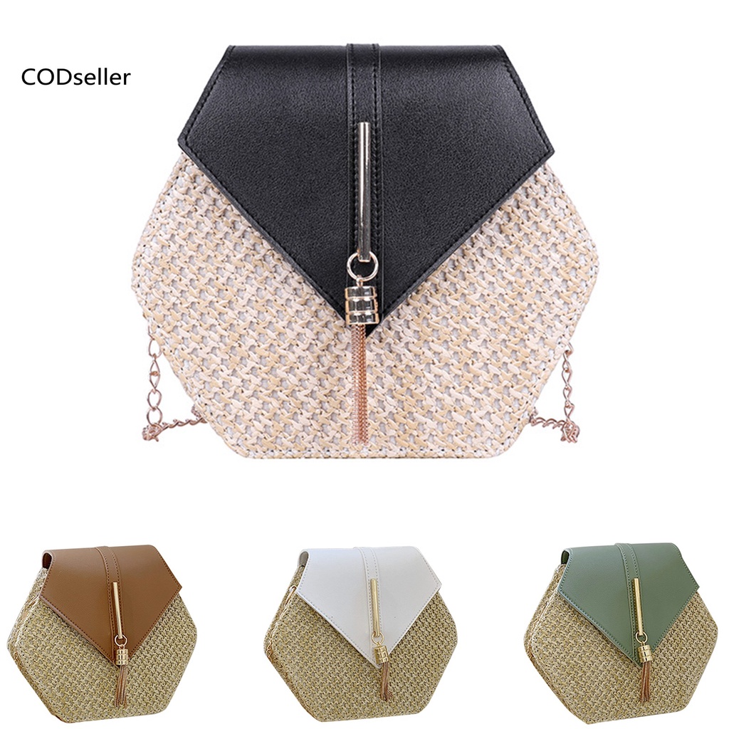 COD_ Hexagon Shape Handbag Hexagon Straw Handbag Cross Body Bag Large Capacity for Travel