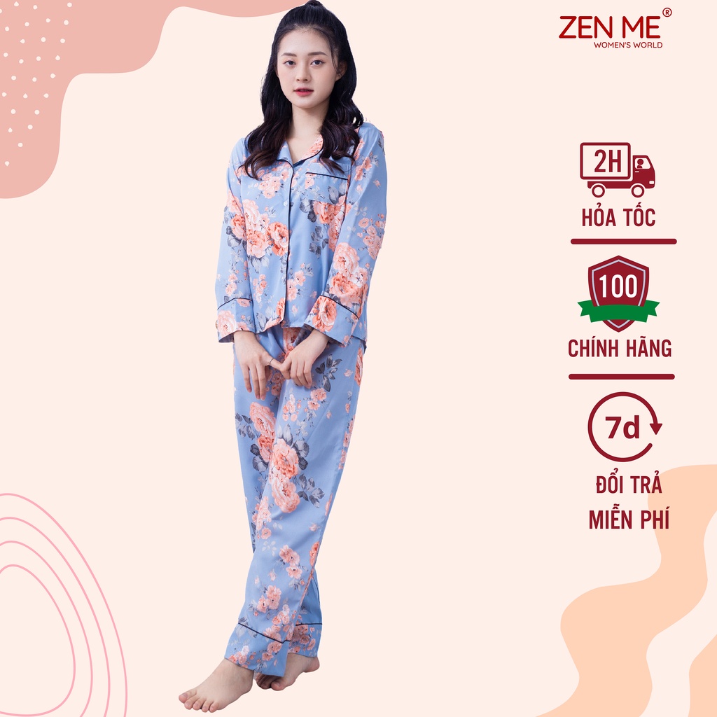 Bộ đồ mặc nhà Zen Me chất lụa Hàn cao cấp dáng dài họa tiết trang nhã thanh lịch PJD1021