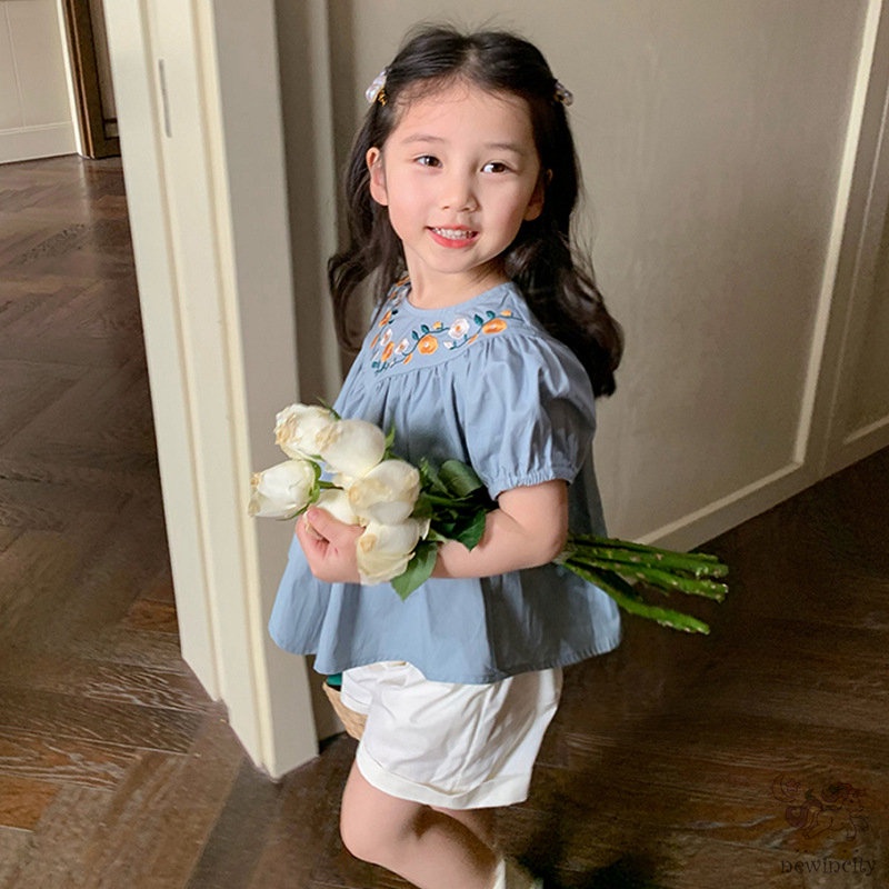 Bộ Áo Tay Phồng Thêu Hoa + Quần Short Thời Trang Mùa Hè Hàn Quốc Cho Bé Gái