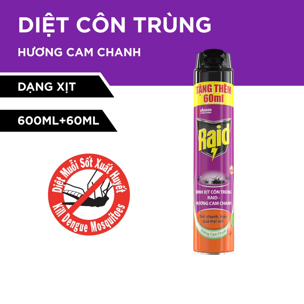 RAID Bình xịt côn trùng Hương Cam Chanh 600+60ML