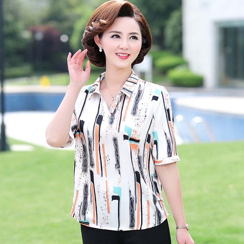 Áo Sơ Mi chiffon Ngắn Tay Họa Tiết Chấm Bi Thời Trang Cho Phụ Nữ Trung Niên