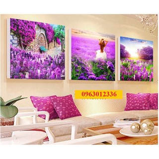 tranh thêu chữ thập bộ 3 bức tranh cô gái và cánh đông hoa oải hương tuyệt đẹp kt 60x30x3cm