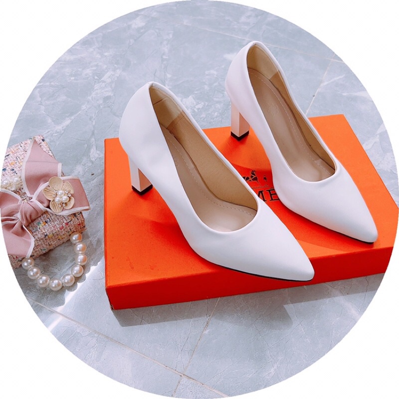 Giày cao gót mũi nhọn trơn da lì gót thanh xuất hàn mẫu mới