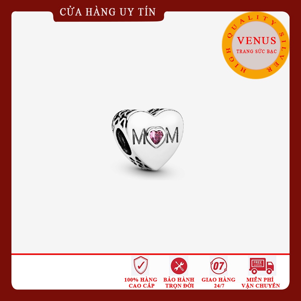 Charm tim Mom đá hồng- Bạc 925 cao cấp- Trang sức bạc VENUS
