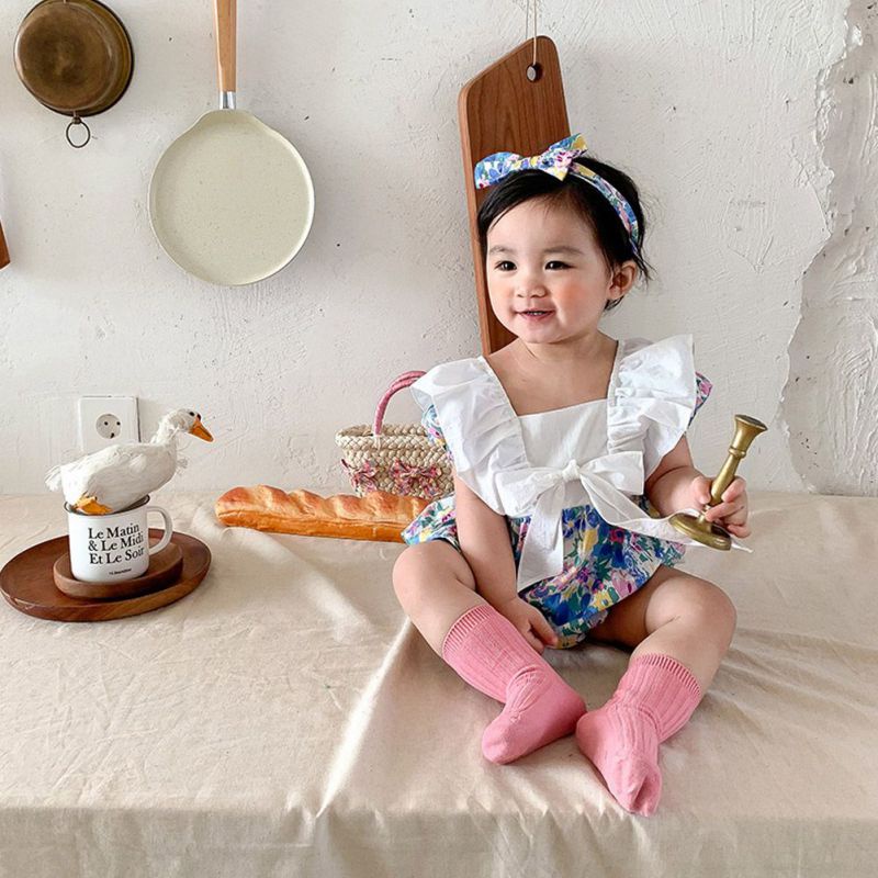 Bộ Áo Liền Quần Cổ Vuông Tay Lỡ In Hoa Xinh Xắn Cho Bé Gái
