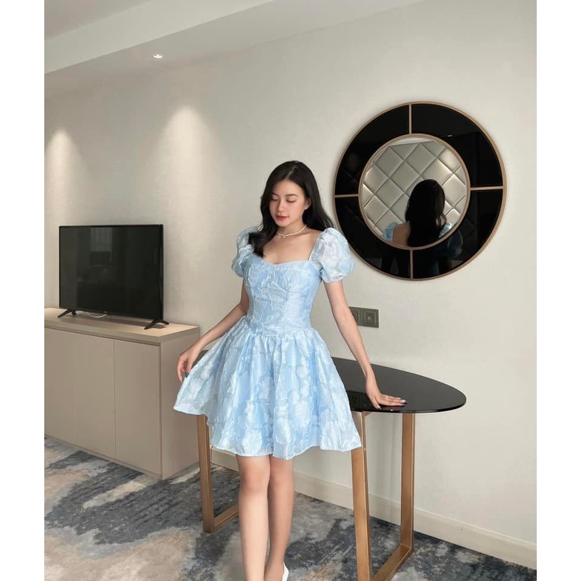 [HÀNG THIẾT KẾ CAO CẤP] Đầm Xòe Tay Phồng Thêu Hoa Đi Biển / Đi Tiệc Sang Trọng Màu Xanh Pastel Form Ngắn