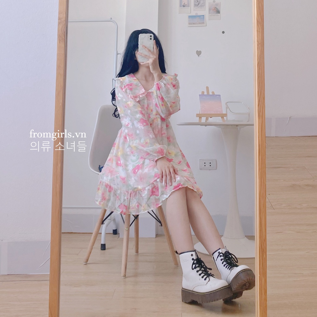 Đầm babydoll hoa hồng cổ sen, váy babydoll hoa viền bèo có dây buộc eo - V88