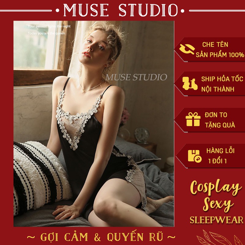 Váy đầm ngủ sexy vải lụa phi bóng phối ren ngực và hai bên đùi quyến rũ