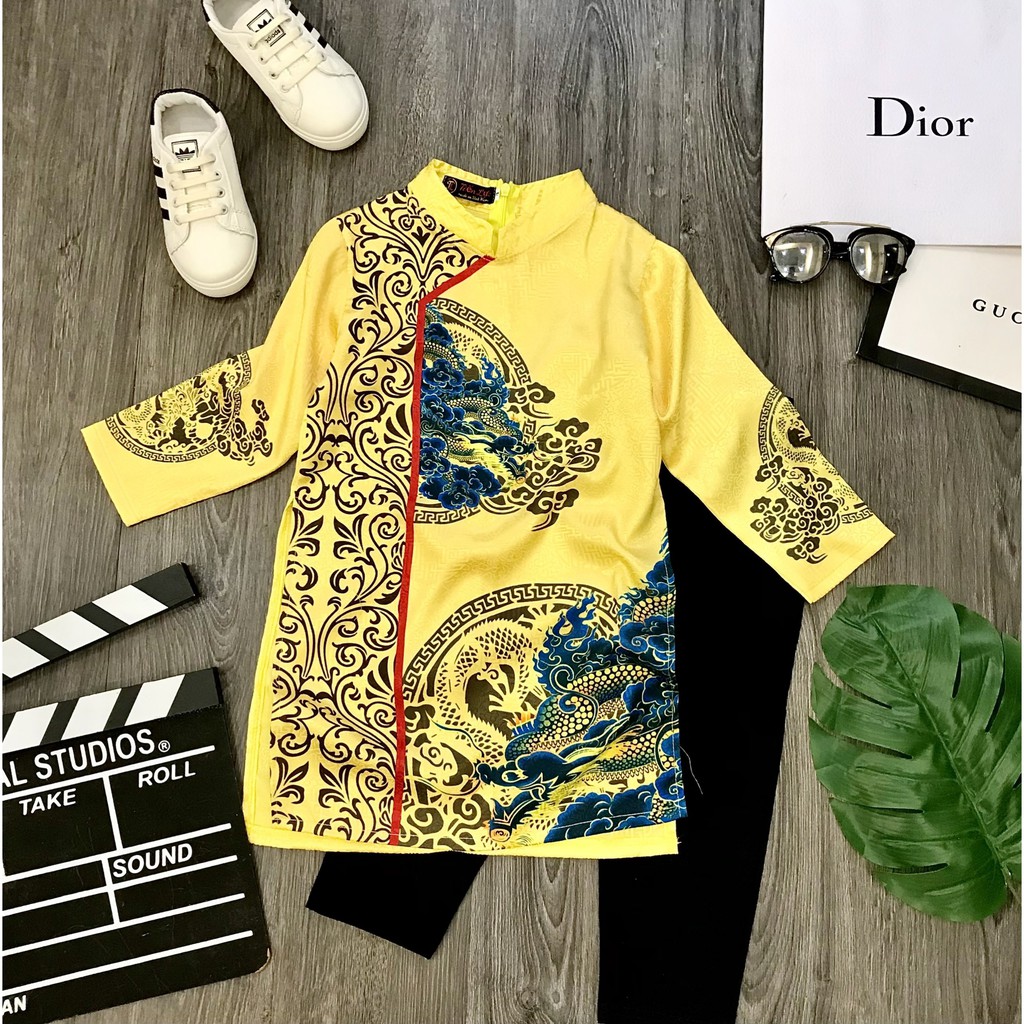 áo dài cách tân bé trai in hình rồng chất gấm lụa Thái Tuấn cao cấp size 10-46kg