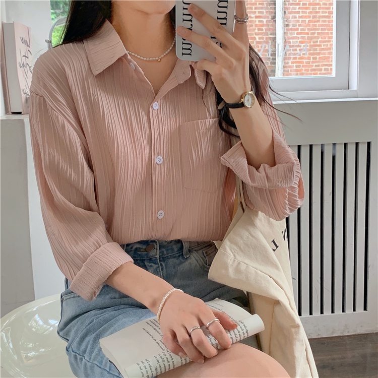 Áo sơ mi QKOOLE tay dài màu trơn thời trang Hàn Quốc cho nữ