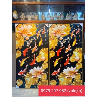 Tranh canvas 40x80 cá chép hoa sen vàng kèm khung nhựa composite 2cm khách có thể thay đổi màu khung