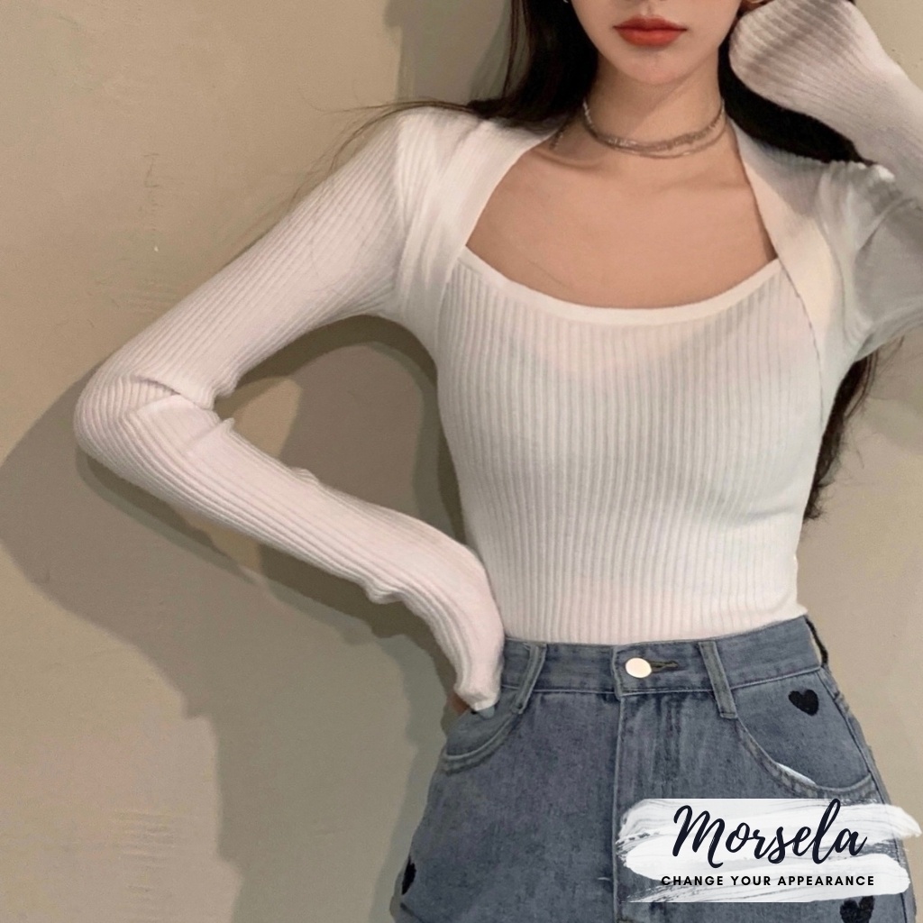 Áo croptop tay dài nữ kiểu ôm body cổ vuông chất thun gân - Morsela