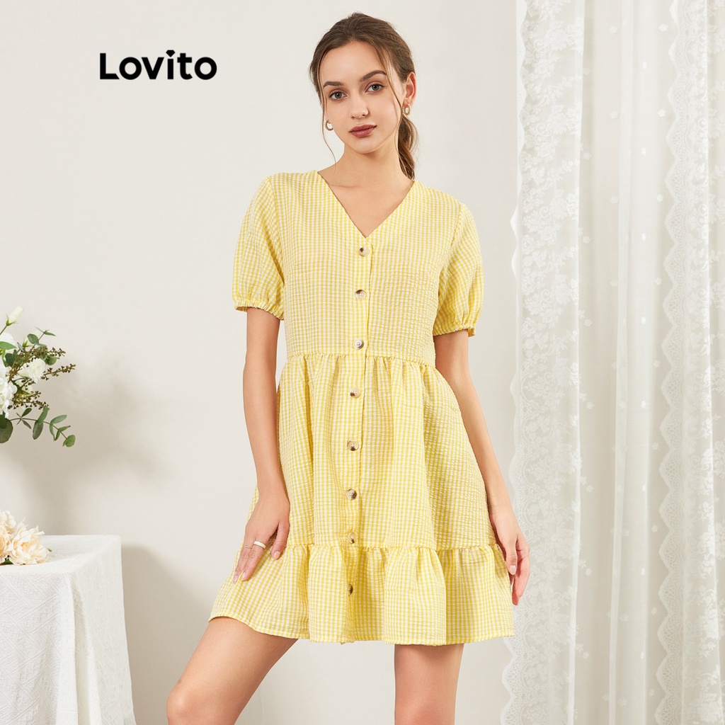 Đầm Lovito thẳng suông gài nút phía trước màu trơn thường ngày L25ED030