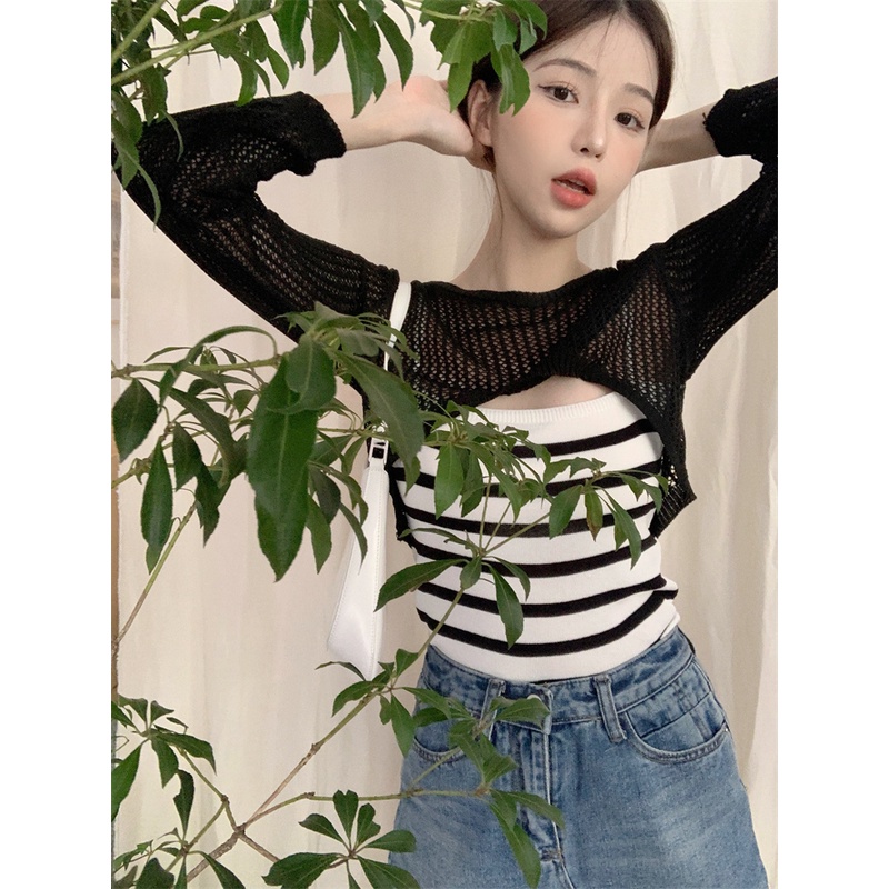 Set Áo Thun Dài Tay + Áo Len Yếm Sọc Bên Trong Thời Trang Nữ Tính