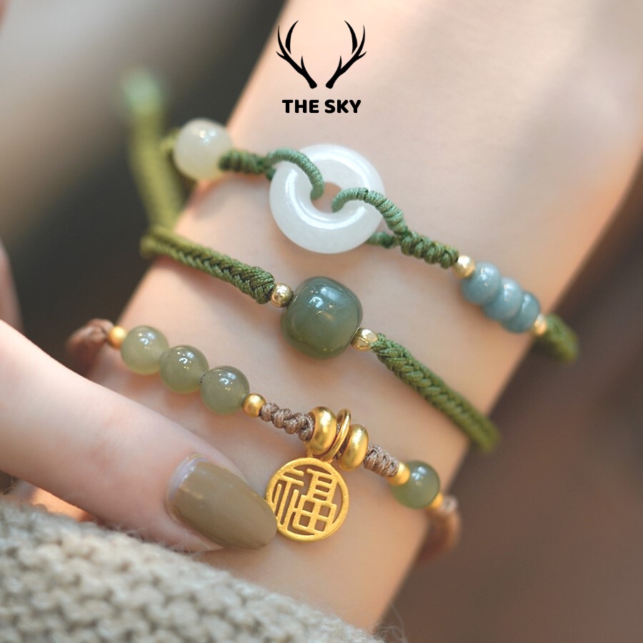 Vòng Tay Nữ THE SKY NB1020 Kèm Mặt Đá Xanh Sang Trọng, Combo lắc tay kèm mặt đá dây rút