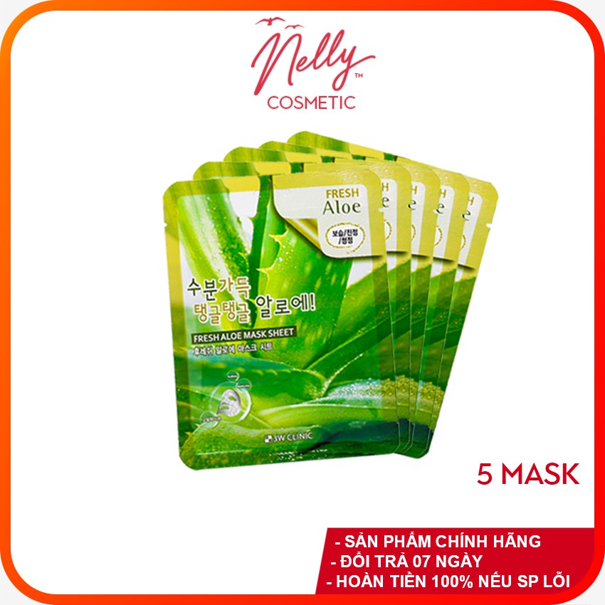 (❤️GIÁ KHUYẾN MÃI❤️) COMBO 05 Mặt nạ dưỡng da chiết xuất nha đam 3W CLINIC FRESH ALOE MASK SHEET 23ml