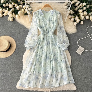 #1182 [Order] Đầm tay dài dáng cổ chữ V màu xanh họa tiết hoa đủ size
