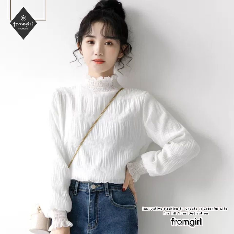 Mới Áo Chiffon Cổ Lọ Phối Ren Ấm Áp Thời Trang Cho Nữ