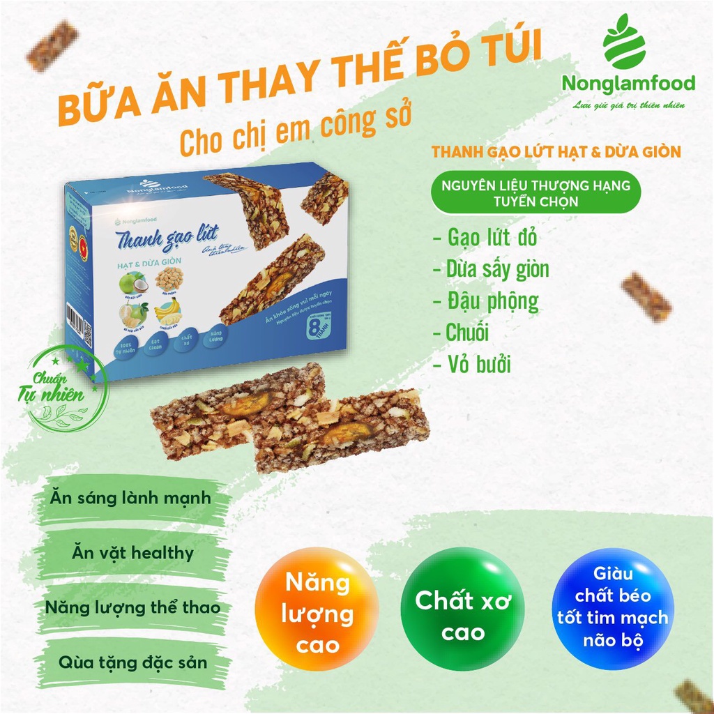 Thanh gạo lứt ngũ cốc hạt và dừa giòn Nông Lâm Food hộp 8 bánh gạo lứt hỗ trợ giảm cân ăn kiêng hiệu quả.