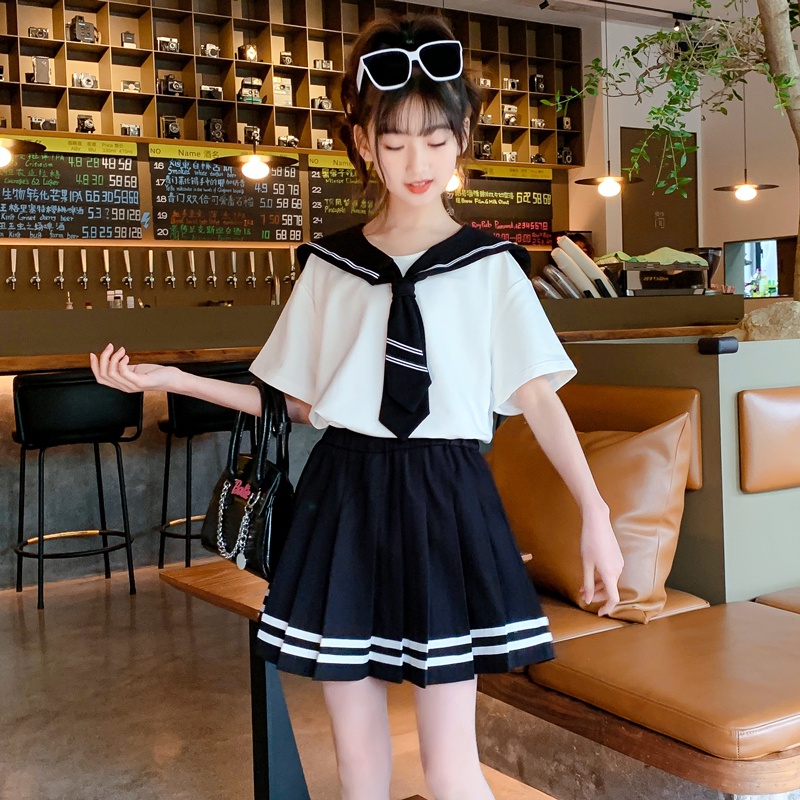 Bộ Đồng Phục Học Sinh Áo Thun Phối Chân Váy Xinh Xắn Cho Bé Gái 4 5 6 7 8 9 10 11 12 13 14 15 Tuổi