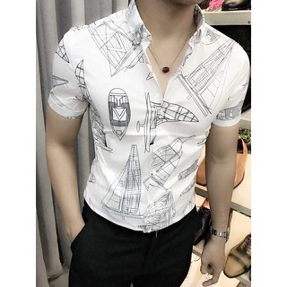 Áo sơ mi nam  cộc tay họa tiết vải Lụa thoáng mát, thấm hút, không nhăn form slim fit