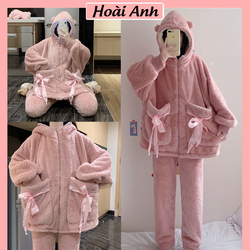 Set Bộ Gấu Lông Áo Dài Tay Lông Nơ Túi Mix Quần Lông Chun Freesize