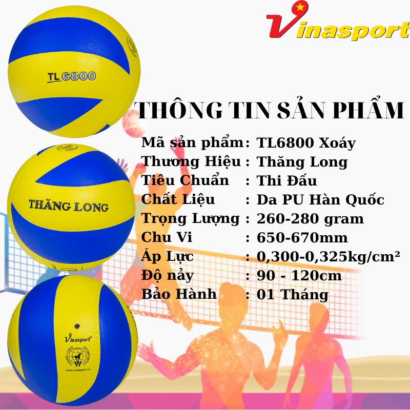 Bóng Chuyền Thăng Long CHÍNH HÃNG PU6800 Xoáy Tặng Kim Bơm + Túi Lưới Giá Cực Sốc!!!