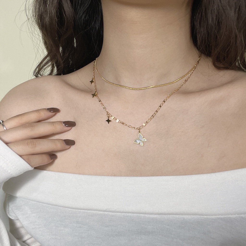 Dây Chuyền Hai Lớp Bằng Thép Titan Mặt Hình Bướm Và Ngôi Sao Thời Trang