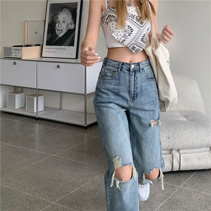 Jiashucheng Quần Jean Nữ Lưng Cao Dáng Rộng Rách Gối Cá Tính