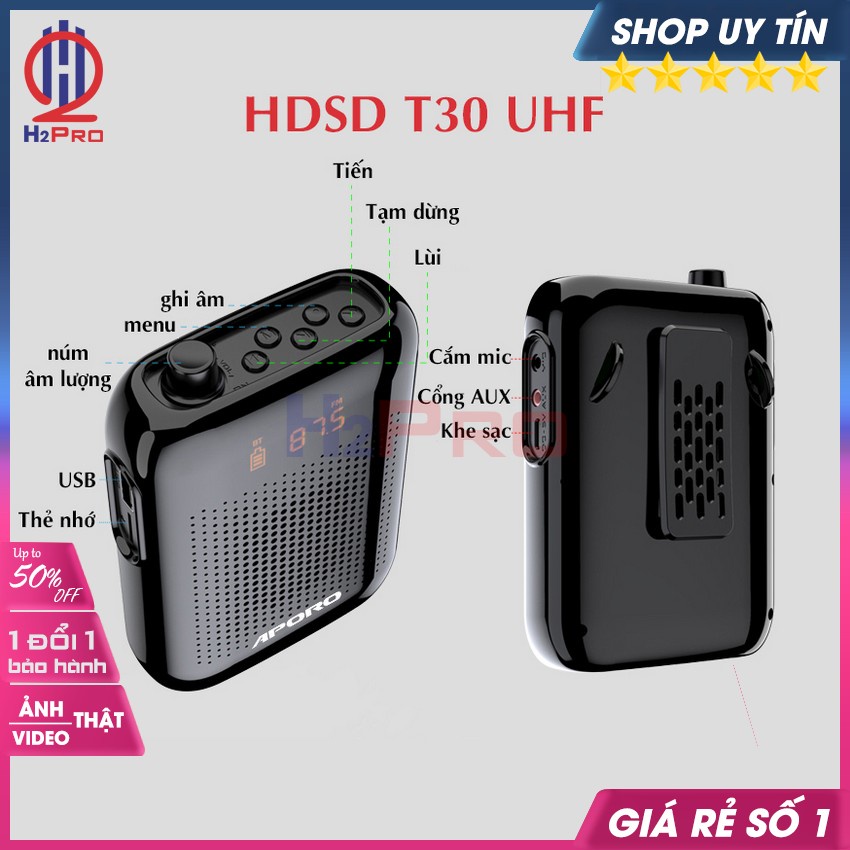 Máy trợ giảng Aporo T30-UHF H2Pro 20W-micro không dây-Bluetooth 5.0-USB-Thẻ nhớ-Đài FM (1 bộ) (tặng mic trợ giảng 169k)