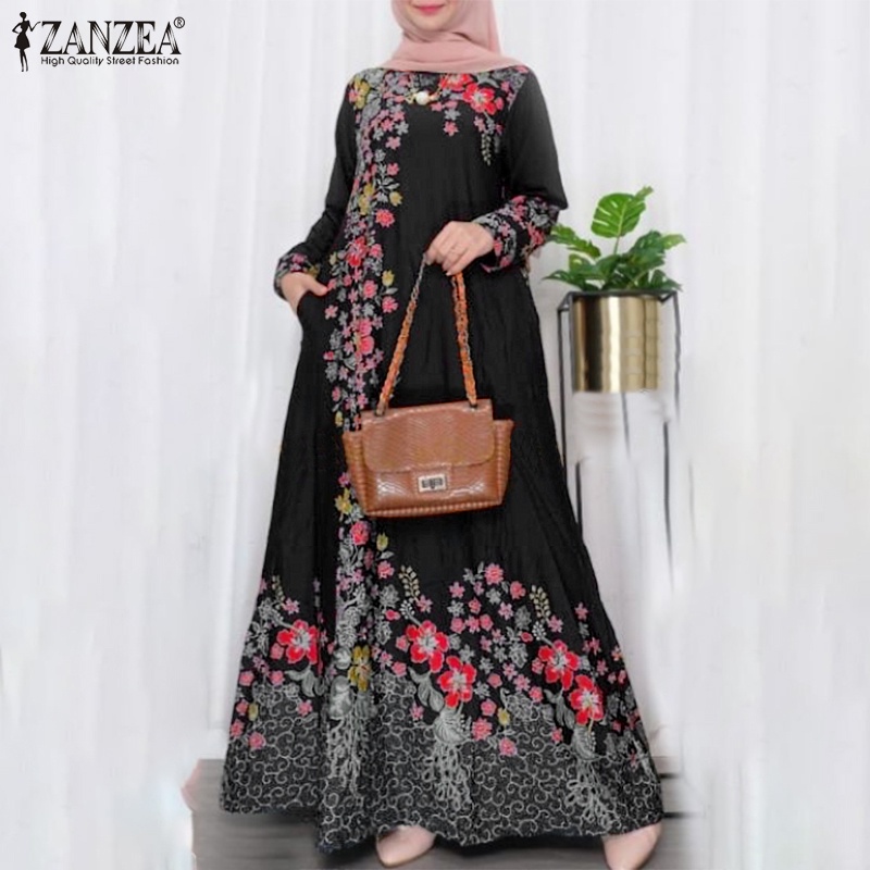 Đầm maxi ZANZEA tay dài cổ tròn in họa tiết hoa thời trang tùy chọn màu sắc dành cho nữ