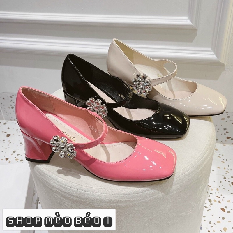 Giày cao gót quai hoa đá ngang gót trụ fullbox