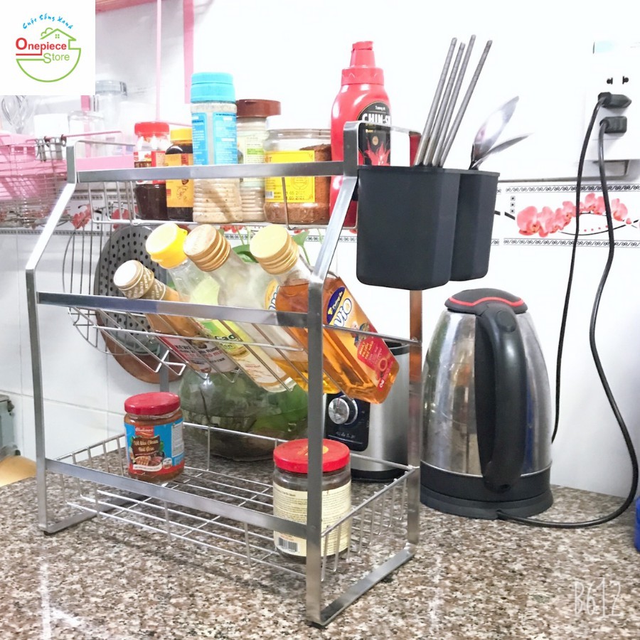 Kệ gia vị 3 tầng nhà bếp đa năng chất liệu chuẩn INOX SU304 không lo han gỉ kèm giỏ đựng